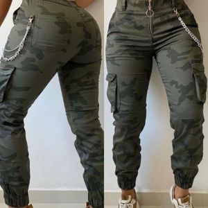 Camo Print Zipper Fly Flap Pocket Cargo Pants High Waist Slim Long Pants/joggers